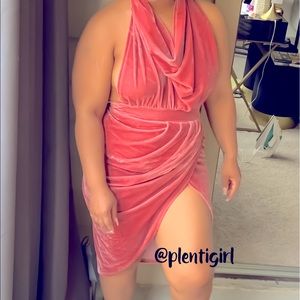 Coral velvet cowl neck halter dress